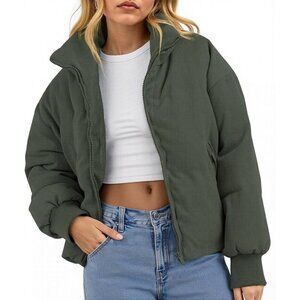 Women's Winter Fashion Green Corduroy Quilted Puffer Jackets Cropped Zip Up Coat